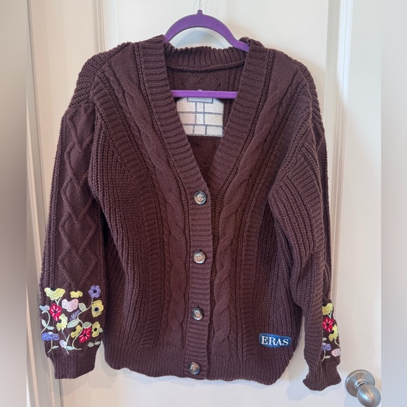 Taylor Swift Sweaters - Taylor Swift Eras Tour Brown Cable Knit Cardigan with Floral Sleeve Embroidery